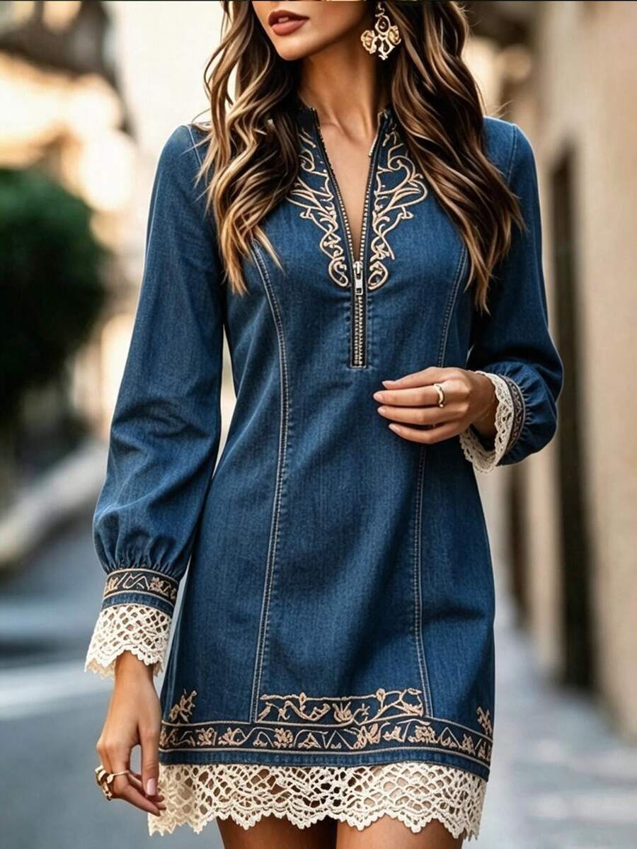 Balvessa Vintage Elegant Embroidered Lace Patchwork Half-Zip Long Sleeve Denim Mini Dress Brunch Blue And Gold Autumn Party - Blue - View 1