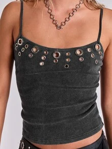 ROMWE Atasan Tank Camisole Berlubang-lubang dengan Detail Rusak ala Punk Street Y2K Hot Girl - Hitam - View 9