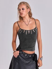 ROMWE Atasan Tank Camisole Berlubang-lubang dengan Detail Rusak ala Punk Street Y2K Hot Girl - Hitam - View 7