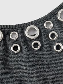 ROMWE Atasan Tank Camisole Berlubang-lubang dengan Detail Rusak ala Punk Street Y2K Hot Girl - Hitam - View 10