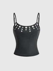 ROMWE Atasan Tank Camisole Berlubang-lubang dengan Detail Rusak ala Punk Street Y2K Hot Girl - Hitam - View 2