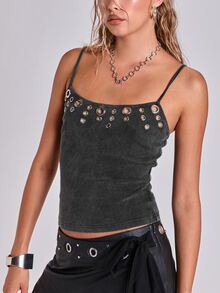 ROMWE Atasan Tank Camisole Berlubang-lubang dengan Detail Rusak ala Punk Street Y2K Hot Girl - Hitam - View 5