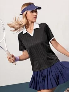 CourtClass CourtClass 女士运动休闲撞色 Polo 领短袖网球衫 - 黑色 - 查看 7