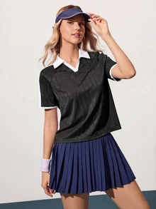 CourtClass CourtClass 女士运动休闲撞色 Polo 领短袖网球衫 - 黑色 - 查看 4