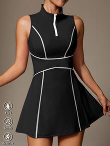 CourtClass CourtClass 2 件套女式运动连衣裙，瑜伽开衩性感 Polo 领半拉链汗衫，带口袋和紧身裤，户外休闲通勤装 - 黑色 - 查看 5