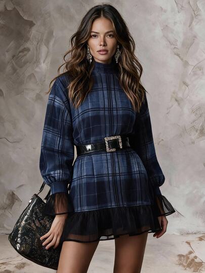 Solivie Women's Autumn Casual Mini Dress Plaid Dress Vintage Romantic