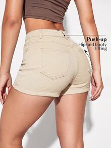 Flexra Women's Casual Versatile Denim Shorts With Pockets And Rolled Hem - Khaki - View 2