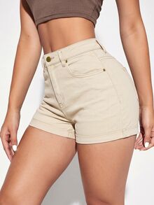 Flexra Women's Casual Versatile Denim Shorts With Pockets And Rolled Hem - Khaki - View 7