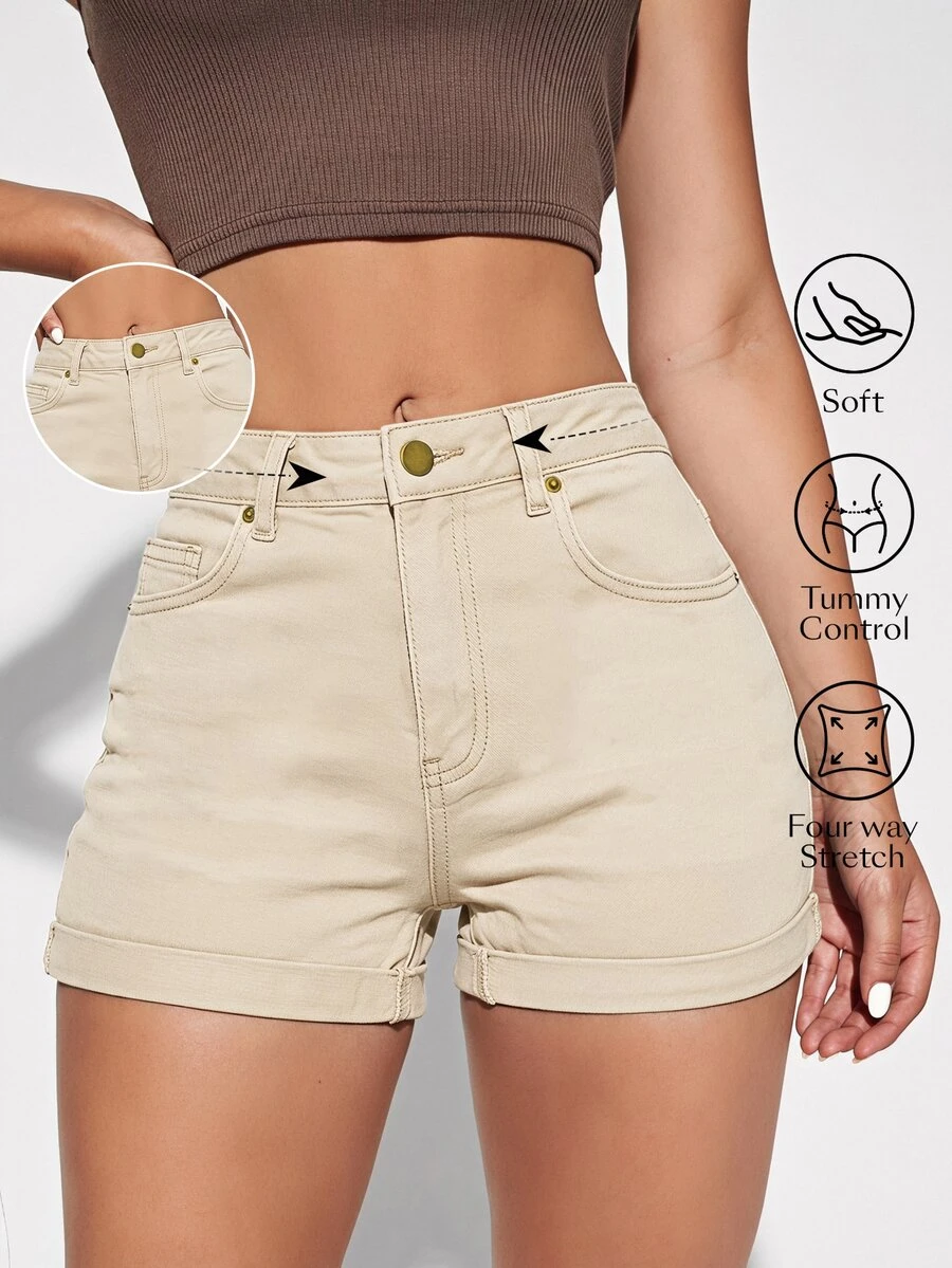 Flexra Women's Casual Versatile Denim Shorts With Pockets And Rolled Hem - Khaki - View 1
