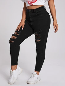 Flexra Plus Size Button Front Pocket Distressed Denim Jeans, Casual Everyday Wear - Black - View 5