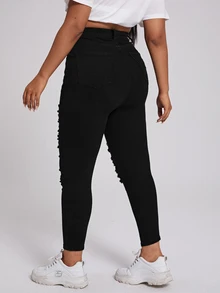Flexra Plus Size Button Front Pocket Distressed Denim Jeans, Casual Everyday Wear - Black - View 2