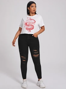 Flexra Plus Size Button Front Pocket Distressed Denim Jeans, Casual Everyday Wear - Black - View 4