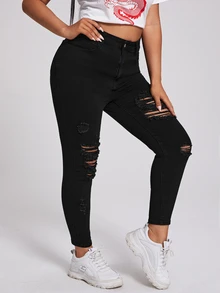 Flexra Plus Size Button Front Pocket Distressed Denim Jeans, Casual Everyday Wear - Black - View 6