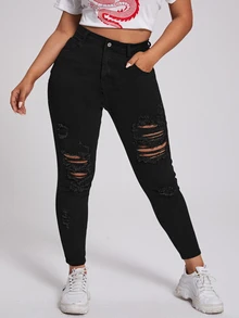 Flexra Plus Size Button Front Pocket Distressed Denim Jeans, Casual Everyday Wear - Black - View 7