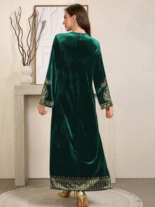 SHEIN Najma 女士佩斯利花纹长袖优雅丝绒阿拉伯连衣裙，适合春秋季穿着 - 綠色 - 查看 2