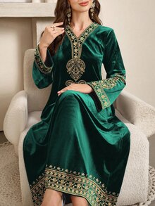 SHEIN Najma 女士佩斯利花纹长袖优雅丝绒阿拉伯连衣裙，适合春秋季穿着 - 綠色 - 查看 4