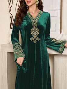 SHEIN Najma 女士佩斯利花纹长袖优雅丝绒阿拉伯连衣裙，适合春秋季穿着 - 綠色 - 查看 3