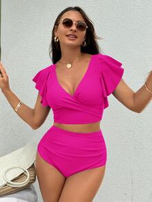 Swim Chiccia Women's Solid Color Beach/Pool Swimwear Set For Summer Beach Vacation - Hot Pink - View 7