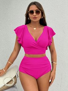 Swim Chiccia Women's Solid Color Beach/Pool Swimwear Set For Summer Beach Vacation - Hot Pink - View 5
