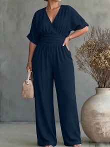 Linhara CURVE Versatile Premium Linen Casual Plus Size Women's Jumpsuit Fall - Navy Blue - View 3