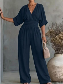 Linhara CURVE Versatile Premium Linen Casual Plus Size Women's Jumpsuit Fall - Navy Blue - View 4