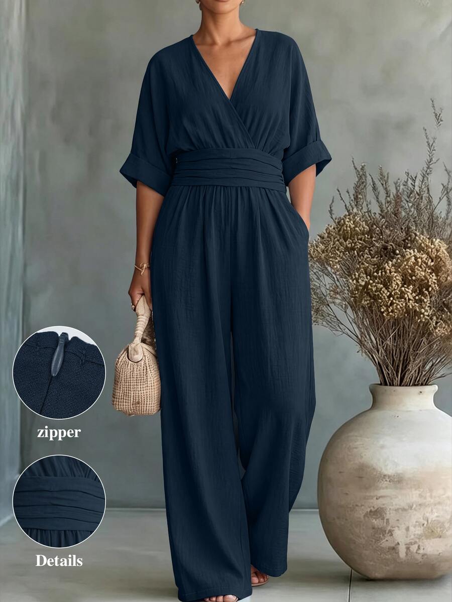 Linhara CURVE Versatile Premium Linen Casual Plus Size Women's Jumpsuit Fall - Navy Blue - View 1