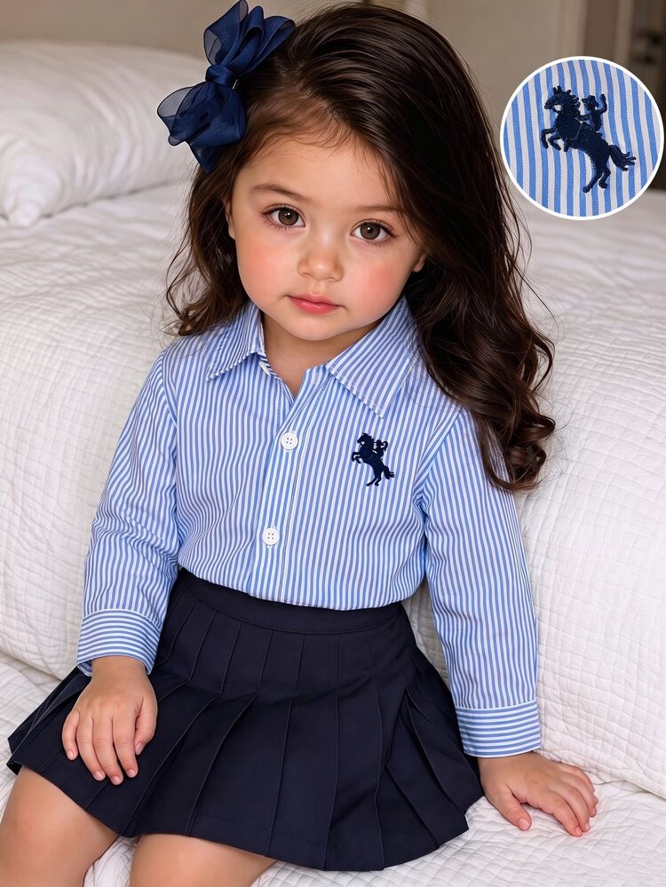 Souflis Souflis 1pc Toddler Baby Girl Casual Daily Old Qian Feng Embroidered Blue White Striped Collared Long-Sleeved Shirt Top Back To School College Girls' Shirts - Blue - View 8