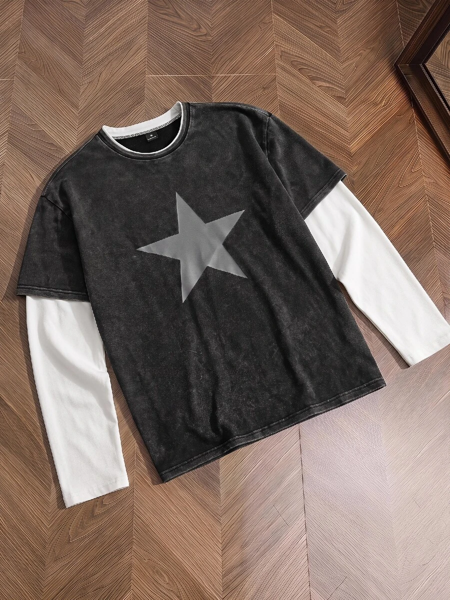 SWAVVY Men's Pentagram Print 2 In 1 Casual Long Sleeve T-Shirt - Black - View 1