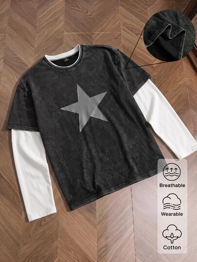SWAVVY Camiseta casual de manga larga 2 en 1 con estampado de pentagrama para hombre