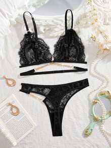 MidnightGlam 2pcs Lace Women's Lingerie Set (Wireless Bra + Thong) - Black - View 2