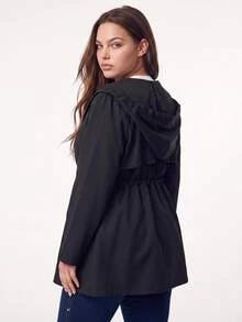 SHEIN BASICS 大尺碼女款純色長袖前拉鍊休閒商務休閒西式風衣，適合辦公室、教師、俱樂部，黑色，春季 - 黑色 - 查看 5