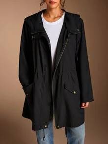 SHEIN BASICS 大尺碼女款純色長袖前拉鍊休閒商務休閒西式風衣，適合辦公室、教師、俱樂部，黑色，春季 - 黑色 - 查看 11