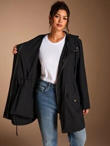 SHEIN BASICS 大尺碼女款純色長袖前拉鍊休閒商務休閒西式風衣，適合辦公室、教師、俱樂部，黑色，春季 - 黑色 - 查看 14