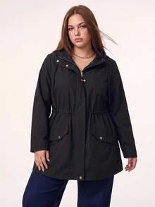 SHEIN BASICS 大尺碼女款純色長袖前拉鍊休閒商務休閒西式風衣，適合辦公室、教師、俱樂部，黑色，春季 - 黑色 - 查看 6