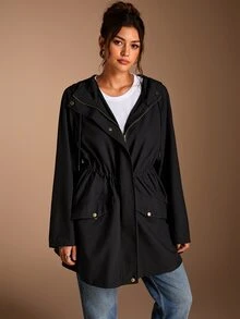 SHEIN BASICS 大尺碼女款純色長袖前拉鍊休閒商務休閒西式風衣，適合辦公室、教師、俱樂部，黑色，春季 - 黑色 - 查看 12