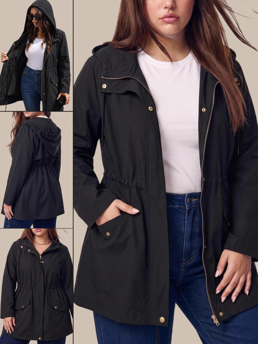 SHEIN BASICS 大尺碼女款純色長袖前拉鍊休閒商務休閒西式風衣,適合辦公室、教師、俱樂部,黑色,春季 - 黑色 - 查看 1