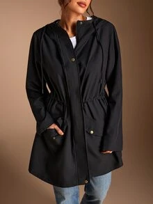 SHEIN BASICS 大尺碼女款純色長袖前拉鍊休閒商務休閒西式風衣，適合辦公室、教師、俱樂部，黑色，春季 - 黑色 - 查看 13