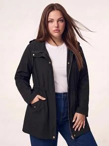 SHEIN BASICS 大尺碼女款純色長袖前拉鍊休閒商務休閒西式風衣，適合辦公室、教師、俱樂部，黑色，春季 - 黑色 - 查看 4