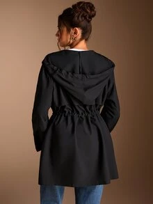 SHEIN BASICS 大尺碼女款純色長袖前拉鍊休閒商務休閒西式風衣，適合辦公室、教師、俱樂部，黑色，春季 - 黑色 - 查看 9
