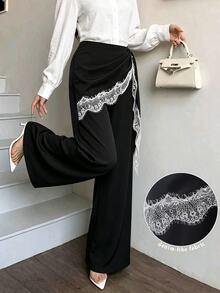 Modelyn Plus Size Women's Lace Patchwork Asymmetric Tie-Up Elegant Casual Smart Wide Leg Pants Dating Going Out Cocktail Formal Evening Party Fall Black - Black - View 2
