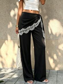 Modelyn Plus Size Women's Lace Patchwork Asymmetric Tie-Up Elegant Casual Smart Wide Leg Pants Dating Going Out Cocktail Formal Evening Party Fall Black - Black - View 7