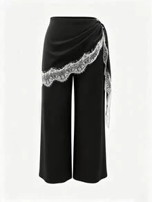 Modelyn Plus Size Women's Lace Patchwork Asymmetric Tie-Up Elegant Casual Smart Wide Leg Pants Dating Going Out Cocktail Formal Evening Party Fall Black - Black - View 6