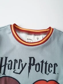 HARRY POTTER X SHEIN Young Boy Striped Short Sleeve Top And Shorts Loungewear - Grey - View 3