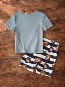 HARRY POTTER X SHEIN Young Boy Striped Short Sleeve Top And Shorts Loungewear - Grey - View 2