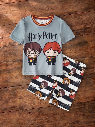 HARRY POTTER X SHEIN Young Boy Striped Short Sleeve Top And Shorts Loungewear