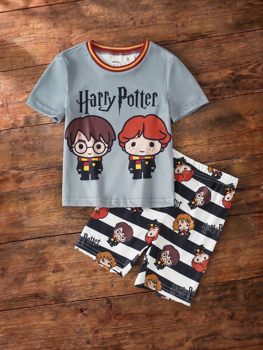 HARRY POTTER X SHEIN Young Boy Striped Short Sleeve Top And Shorts Loungewear - Grey - View 1