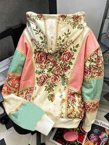 Breezaya 女款秋冬花卉拼接圖案連帽衛衣，適合戶外穿著、度假穿搭、休閒街頭風 - 彩色 - 查看 2