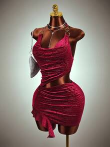Mistrie Summer Fashion Sexy Hollow Backless Halter Neck Mini Dress Club Party Dark Red - Burgundy - View 4