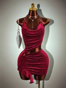 Mistrie Summer Fashion Sexy Hollow Backless Halter Neck Mini Dress Club Party Dark Red - Burgundy - View 2