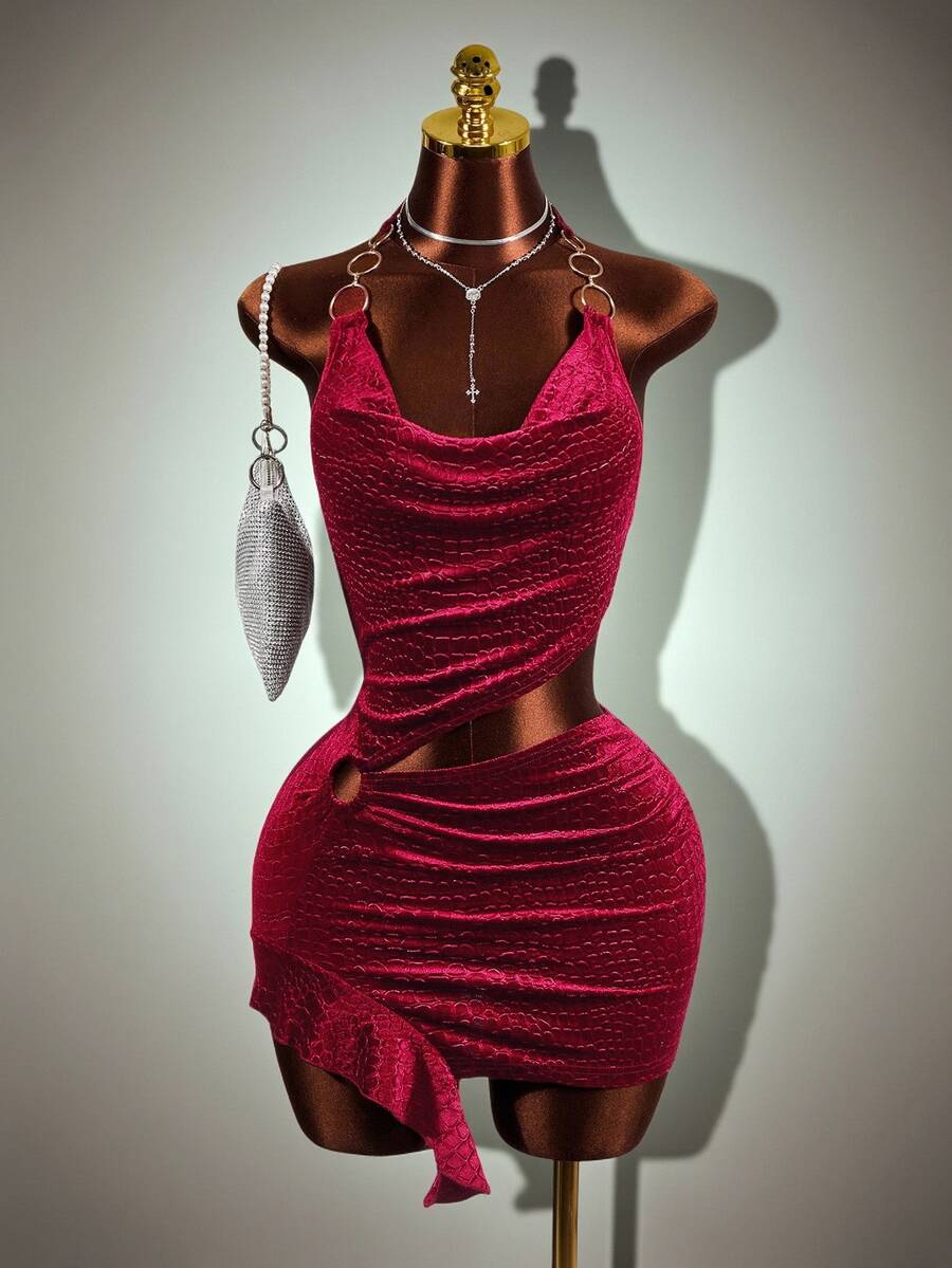 Mistrie Summer Fashion Sexy Hollow Backless Halter Neck Mini Dress Club Party Dark Red